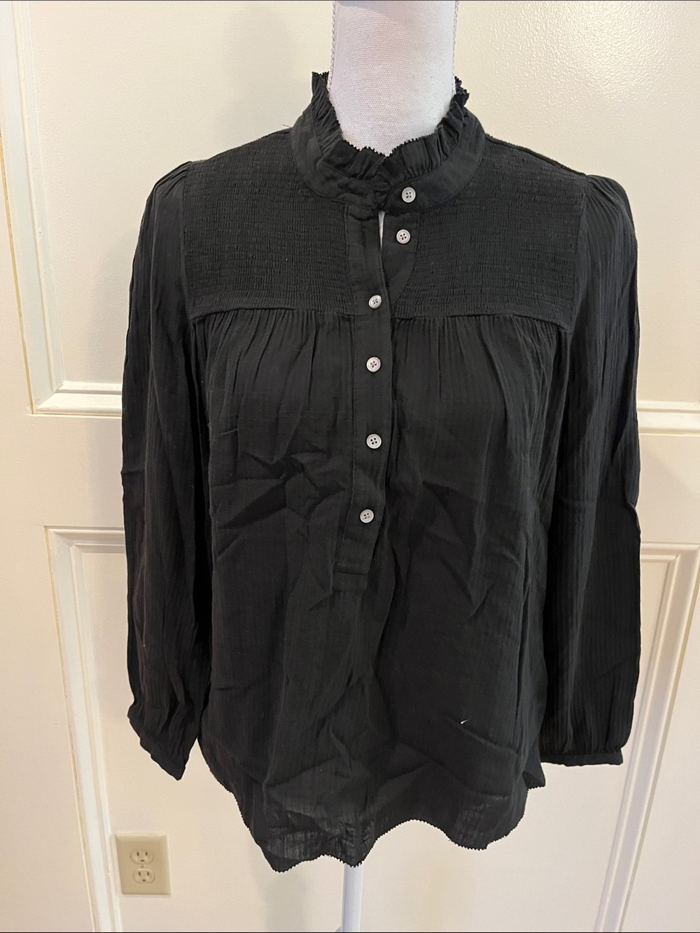 J. Crew Cotton Black Ruffled Mock-Neck Button-Up Blouse